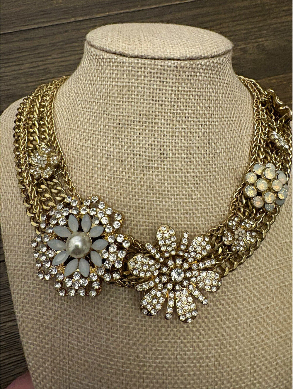 Gold Tone Multi-Strand Statement Bib Necklace Rhinestone
